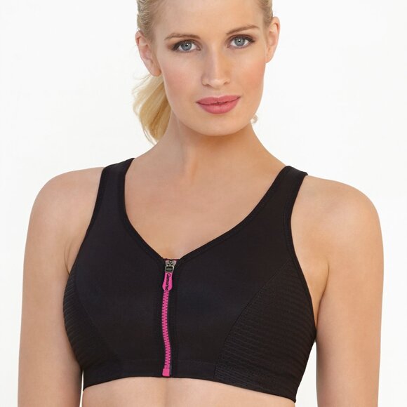 Glamorise SPORT Bra 38B (HIGH-IMPACT) Wicks! (RACERBACK) T-Back Zip-Up Black NEW - Picture 13 of 16